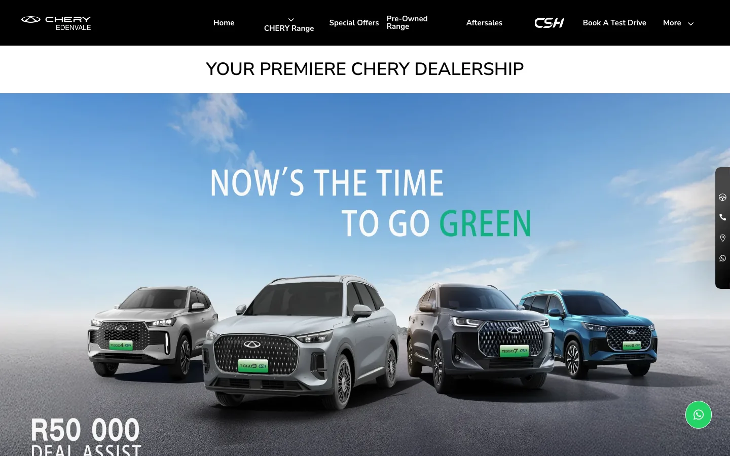 The Chery Edenvale website home page, showing the Chery vehicle range