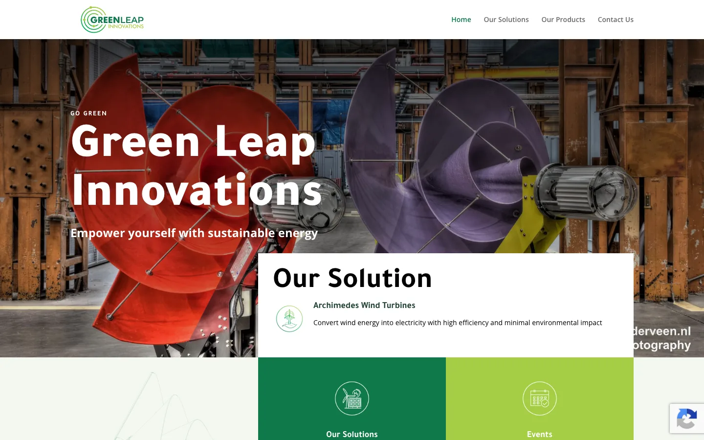 The Green Leap Innovations website home page, showing its renewable energy solutions