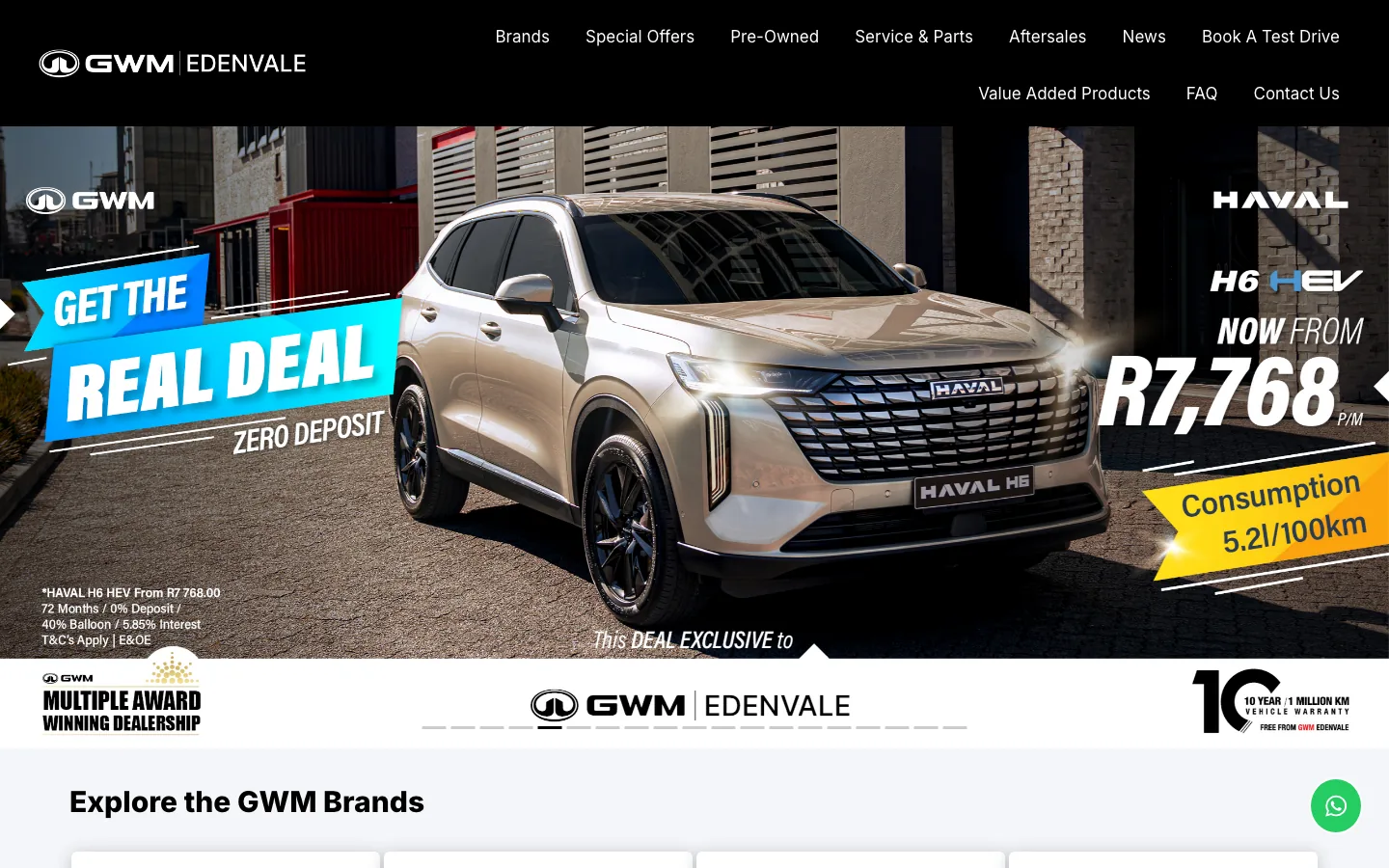 The GWM Edenvale website home page, showing the dealership’s vehicle brands