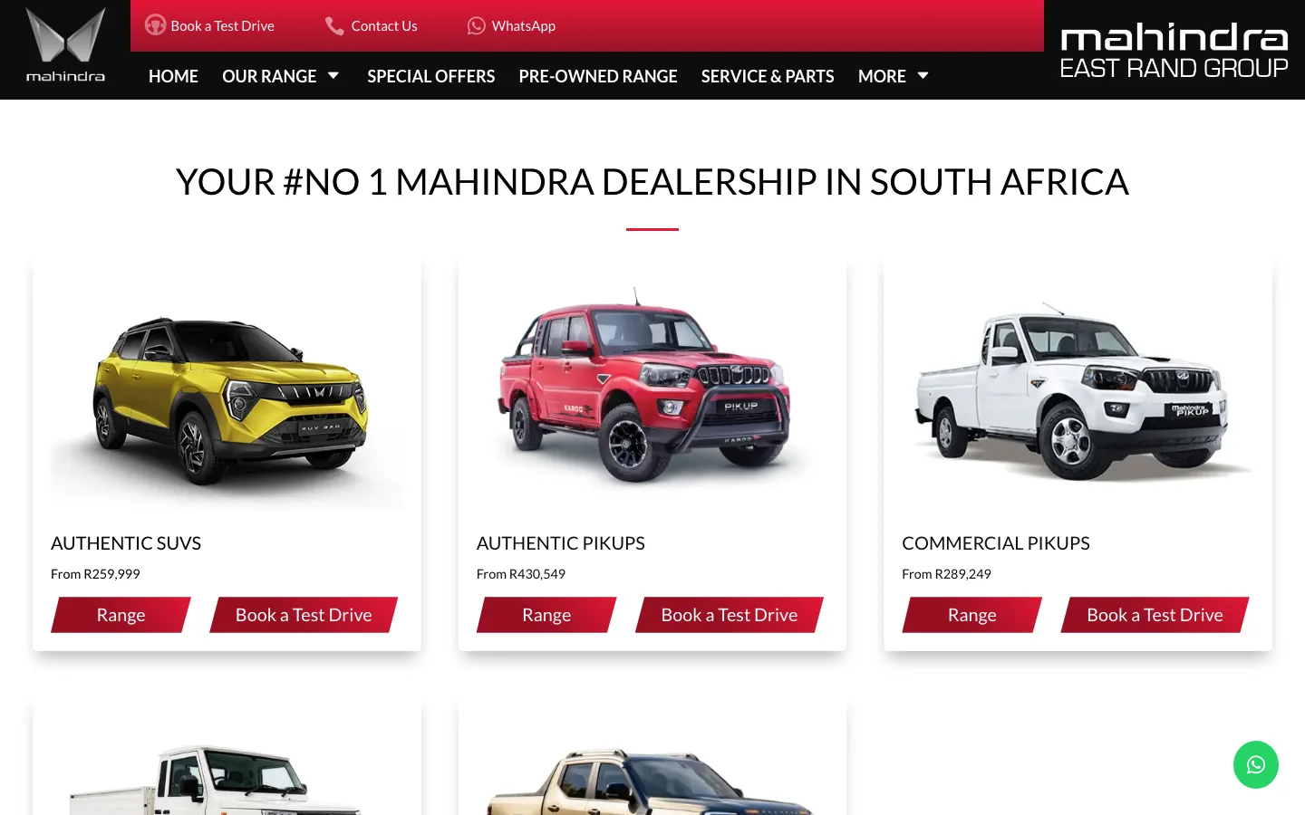 The Mahindra East Rand Group website home page, showing the Mahindra vehicle range