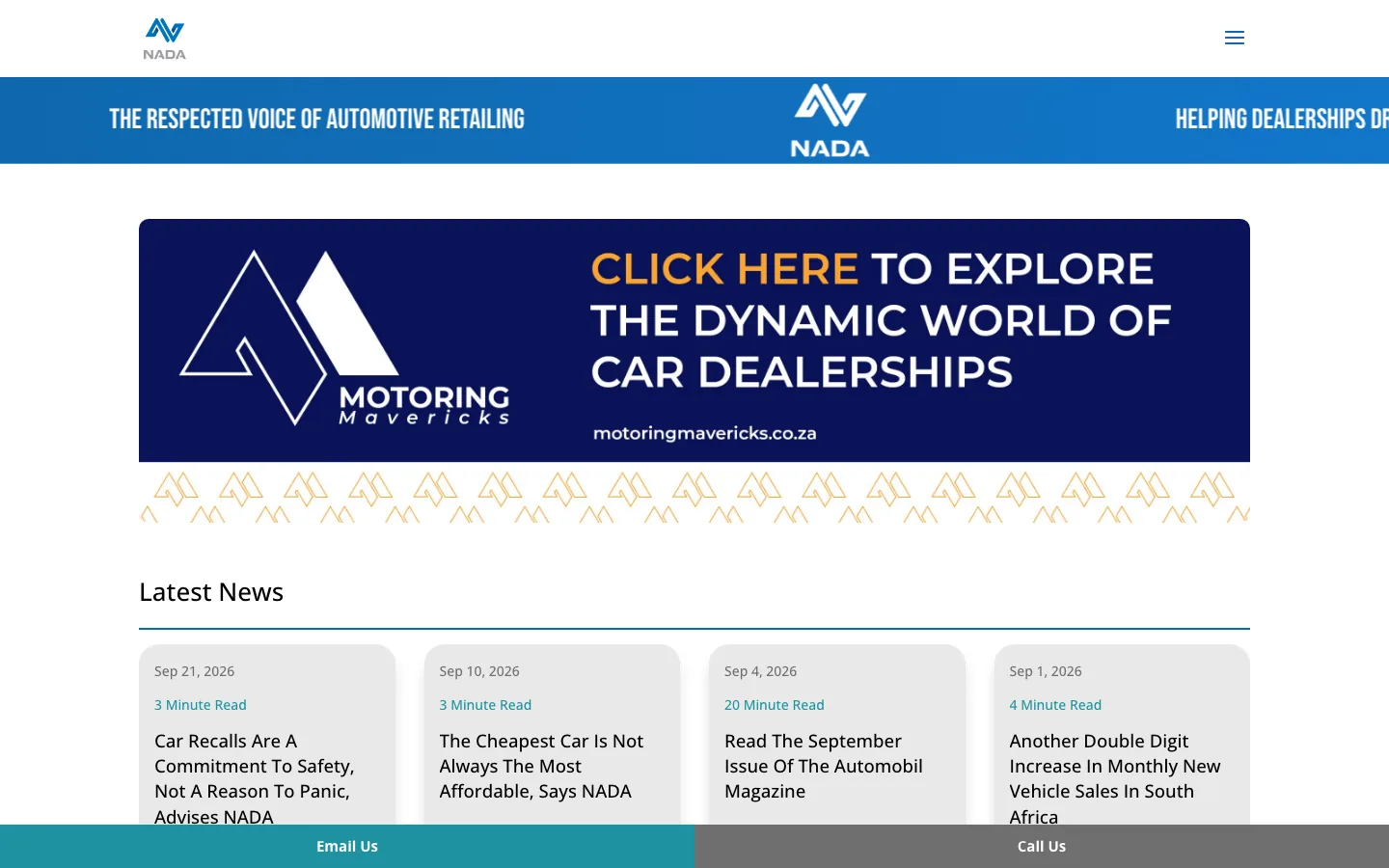 The NADA website home page, showing the latest industry news for South African dealers