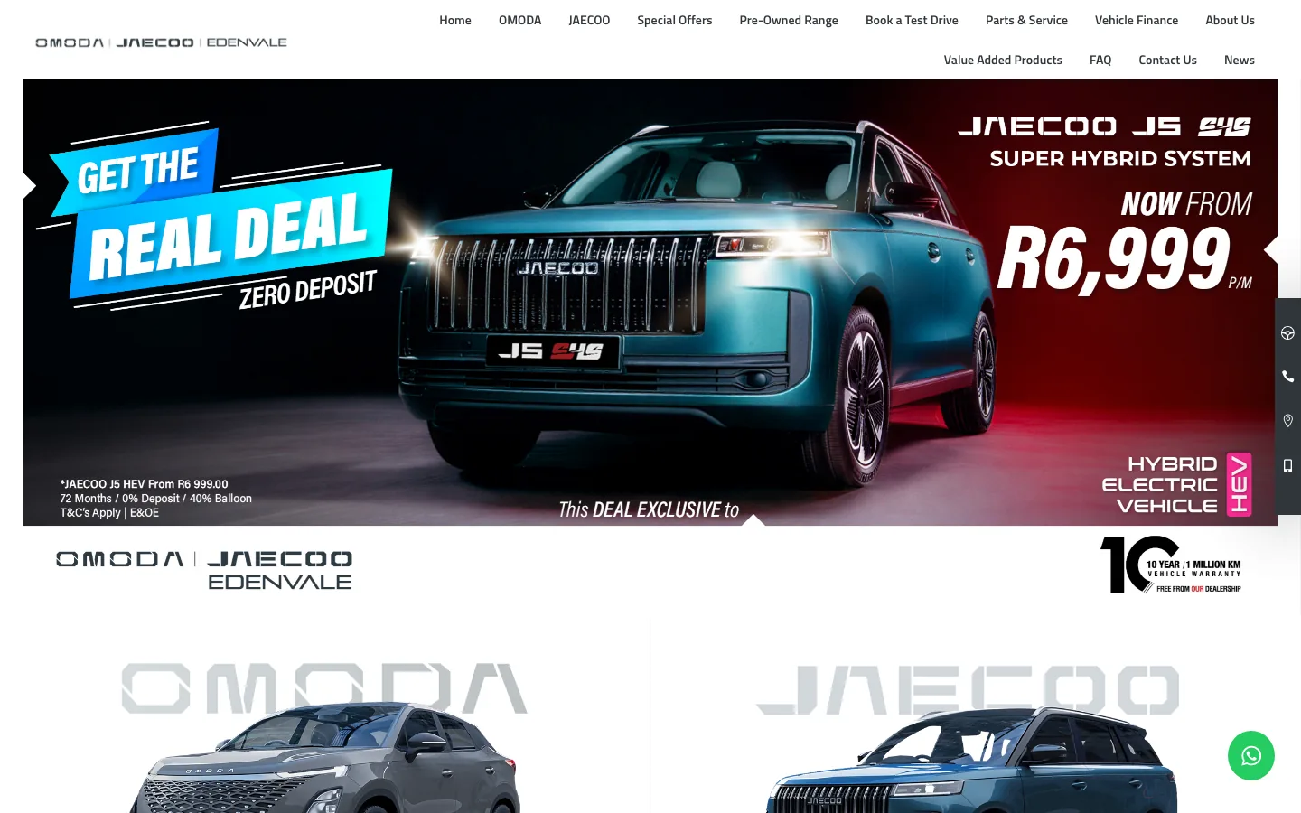 The OMODA JAECOO Edenvale website home page, showing both vehicle ranges