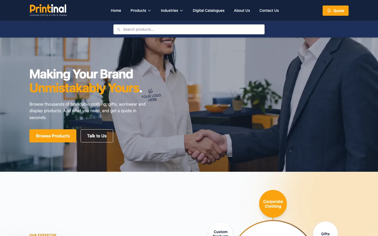 The Printinal website home page, showing its corporate clothing and branded products