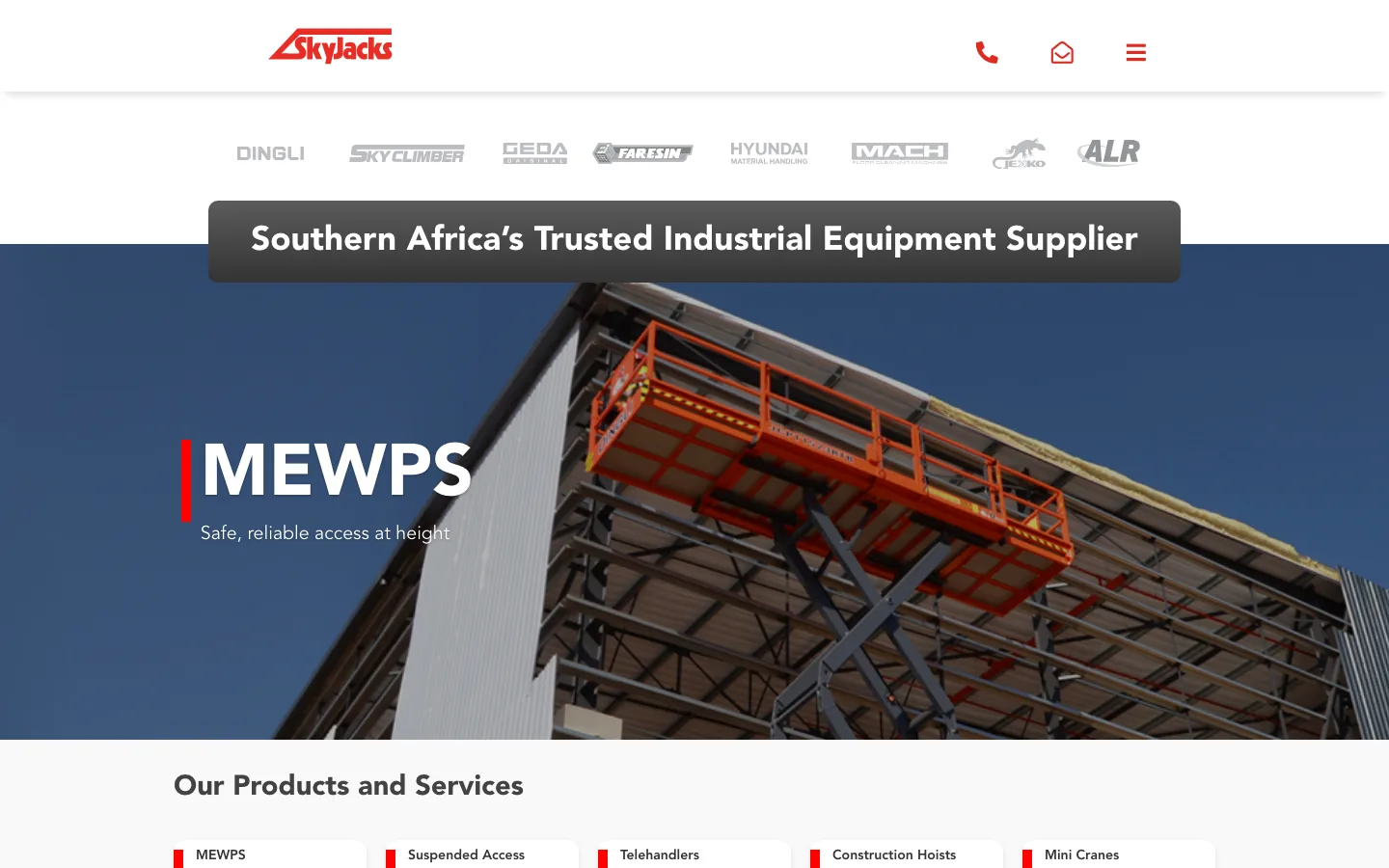 The SkyJacks website home page, showing its industrial equipment range